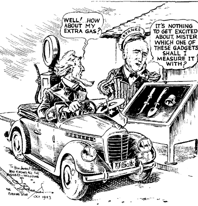 An editorial cartoon depicting Byrnes as the resource allocator.