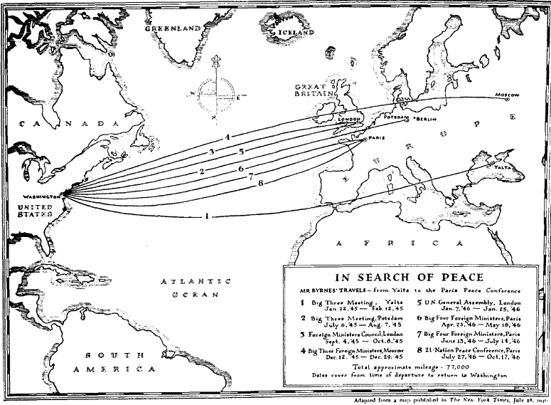 A map of Mr. Byrnes' travels from Yalta to the Paris Peace Conference.